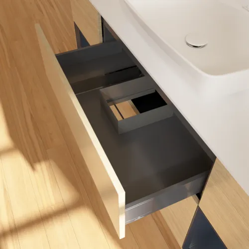 Bild von VILLEROY BOCH Finion Waschbeckenunterschrank, mit Beleuchtung, 4 Auszüge, 1600 x 603 x 501 mm, Oak Veneer / Midnight Blue Matt Lacquer / Glass White Matt #F861HGPC
