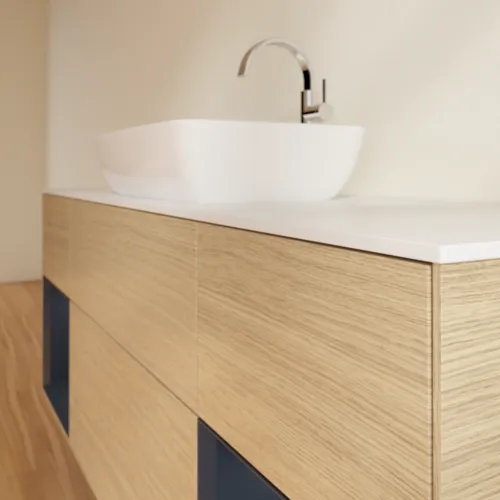 Bild von VILLEROY BOCH Finion Waschbeckenunterschrank, mit Beleuchtung, 4 Auszüge, 1600 x 603 x 501 mm, Oak Veneer / Midnight Blue Matt Lacquer / Glass White Matt #F861HGPC