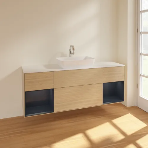 Bild von VILLEROY BOCH Finion Waschbeckenunterschrank, mit Beleuchtung, 4 Auszüge, 1600 x 603 x 501 mm, Oak Veneer / Midnight Blue Matt Lacquer / Glass White Matt #F861HGPC