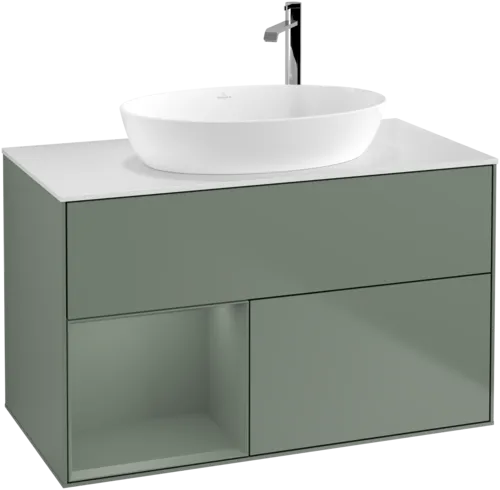 Picture of VILLEROY BOCH Finion Vanity unit, with lighting, 2 pull-out compartments, 1000 x 603 x 501 mm, Olive Matt Lacquer / Olive Matt Lacquer / Glass White Matt #F891GMGM
