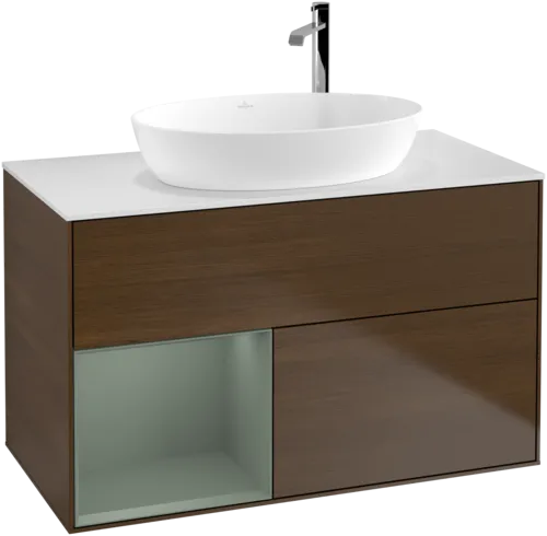 Picture of VILLEROY BOCH Finion Vanity unit, with lighting, 2 pull-out compartments, 1000 x 603 x 501 mm, Walnut Veneer / Olive Matt Lacquer / Glass White Matt #F891GMGN