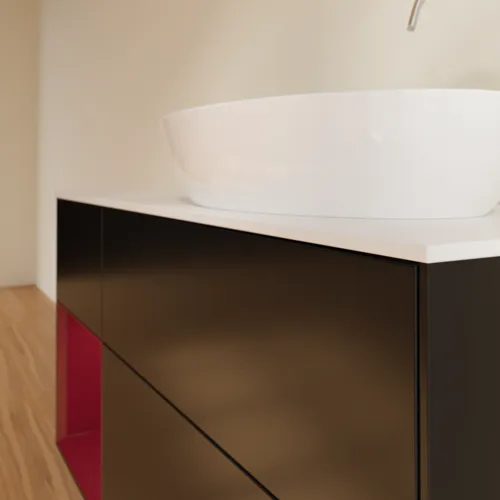 Bild von VILLEROY BOCH Finion Waschbeckenunterschrank, mit Beleuchtung, 3 Auszüge, 1200 x 603 x 501 mm, Black Matt Lacquer / Peony Matt Lacquer / Glass White Matt #F921HBPD