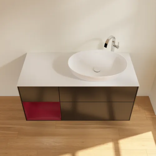 Bild von VILLEROY BOCH Finion Waschbeckenunterschrank, mit Beleuchtung, 3 Auszüge, 1200 x 603 x 501 mm, Black Matt Lacquer / Peony Matt Lacquer / Glass White Matt #F921HBPD
