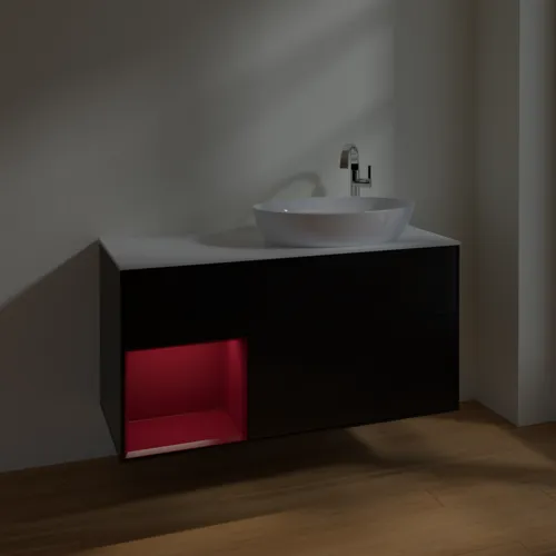 Bild von VILLEROY BOCH Finion Waschbeckenunterschrank, mit Beleuchtung, 3 Auszüge, 1200 x 603 x 501 mm, Black Matt Lacquer / Peony Matt Lacquer / Glass White Matt #F921HBPD