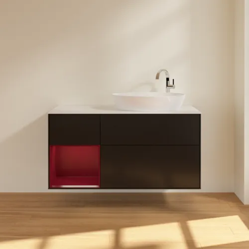 Bild von VILLEROY BOCH Finion Waschbeckenunterschrank, mit Beleuchtung, 3 Auszüge, 1200 x 603 x 501 mm, Black Matt Lacquer / Peony Matt Lacquer / Glass White Matt #F921HBPD