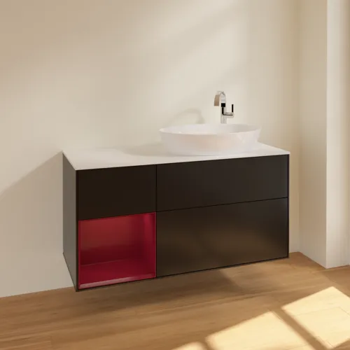 Bild von VILLEROY BOCH Finion Waschbeckenunterschrank, mit Beleuchtung, 3 Auszüge, 1200 x 603 x 501 mm, Black Matt Lacquer / Peony Matt Lacquer / Glass White Matt #F921HBPD