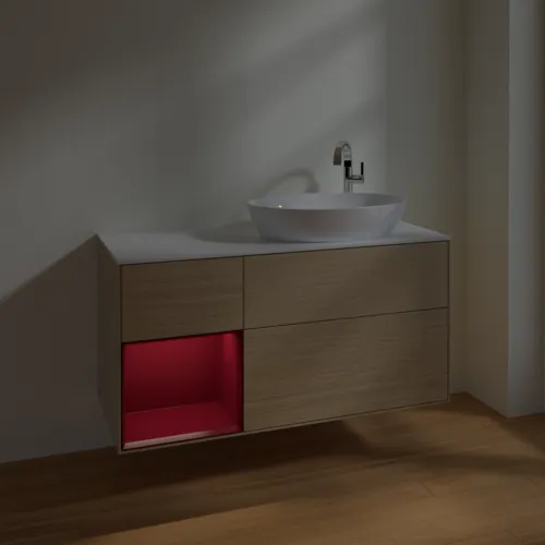 Picture of VILLEROY BOCH Finion Vanity unit, with lighting, 3 pull-out compartments, 1200 x 603 x 501 mm, Oak Veneer / Peony Matt Lacquer / Glass White Matt #F921HBPC