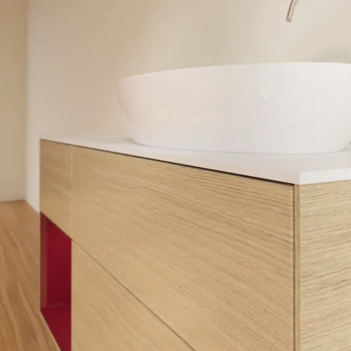 Picture of VILLEROY BOCH Finion Vanity unit, with lighting, 3 pull-out compartments, 1200 x 603 x 501 mm, Oak Veneer / Peony Matt Lacquer / Glass White Matt #F921HBPC