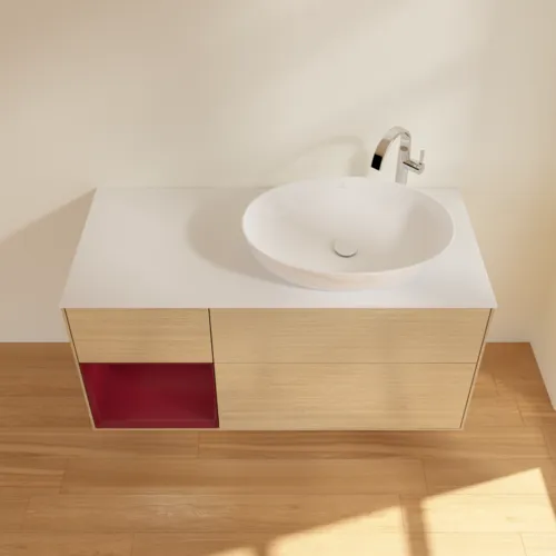 Picture of VILLEROY BOCH Finion Vanity unit, with lighting, 3 pull-out compartments, 1200 x 603 x 501 mm, Oak Veneer / Peony Matt Lacquer / Glass White Matt #F921HBPC