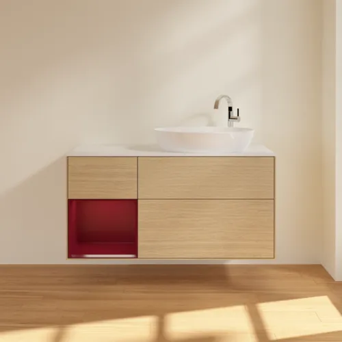 Picture of VILLEROY BOCH Finion Vanity unit, with lighting, 3 pull-out compartments, 1200 x 603 x 501 mm, Oak Veneer / Peony Matt Lacquer / Glass White Matt #F921HBPC