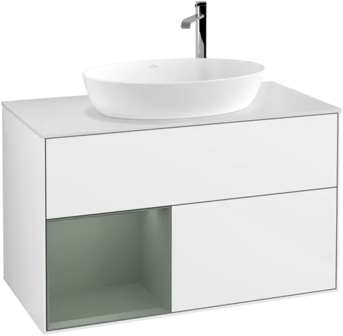VILLEROY BOCH Finion Vanity unit, with lighting, 2 pull-out compartments, 1000 x 603 x 501 mm, Glossy White Lacquer / Olive Matt Lacquer / Glass White Matt #F891GMGF resmi