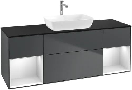 Picture of VILLEROY BOCH Finion Vanity unit, with lighting, 4 pull-out compartments, 1600 x 603 x 501 mm, Midnight Blue Matt Lacquer / White Matt Lacquer / Glass Black Matt #F862MTHG
