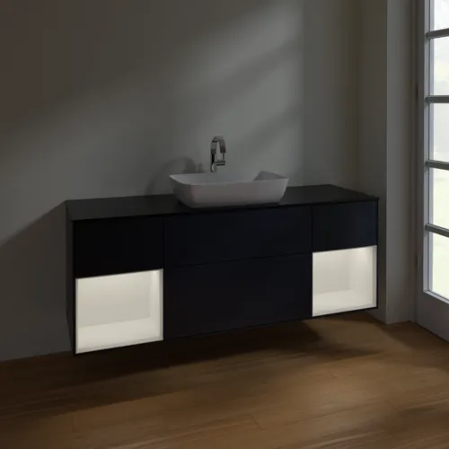 VILLEROY BOCH Finion Waschbeckenunterschrank, mit Beleuchtung, 4 Auszüge, 1600 x 603 x 501 mm, Midnight Blue Matt Lacquer / White Matt Lacquer / Glass Black Matt #F862MTHG, Bild 5