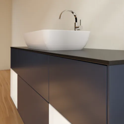 VILLEROY BOCH Finion Waschbeckenunterschrank, mit Beleuchtung, 4 Auszüge, 1600 x 603 x 501 mm, Midnight Blue Matt Lacquer / White Matt Lacquer / Glass Black Matt #F862MTHG, Bild 6