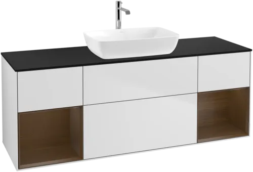 Picture of VILLEROY BOCH Finion Vanity unit, with lighting, 4 pull-out compartments, 1600 x 603 x 501 mm, White Matt Lacquer / Walnut Veneer / Glass Black Matt #F862GNMT