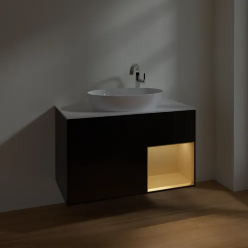 Bild von VILLEROY BOCH Finion Waschbeckenunterschrank, mit Beleuchtung, 2 Auszüge, 1000 x 603 x 501 mm, Black Matt Lacquer / Gold Matt Lacquer / Glass White Matt #F901HFPD