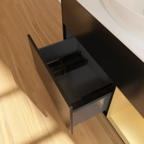 Bild von VILLEROY BOCH Finion Waschbeckenunterschrank, mit Beleuchtung, 2 Auszüge, 1000 x 603 x 501 mm, Black Matt Lacquer / Gold Matt Lacquer / Glass White Matt #F901HFPD