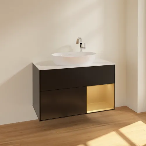 Bild von VILLEROY BOCH Finion Waschbeckenunterschrank, mit Beleuchtung, 2 Auszüge, 1000 x 603 x 501 mm, Black Matt Lacquer / Gold Matt Lacquer / Glass White Matt #F901HFPD