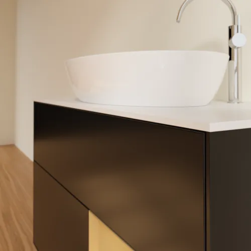Bild von VILLEROY BOCH Finion Waschbeckenunterschrank, mit Beleuchtung, 2 Auszüge, 1000 x 603 x 501 mm, Black Matt Lacquer / Gold Matt Lacquer / Glass White Matt #F901HFPD
