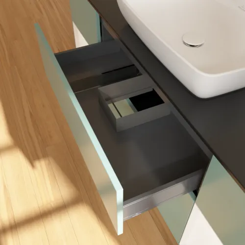 Bild von VILLEROY BOCH Finion Waschbeckenunterschrank, mit Beleuchtung, 4 Auszüge, 1600 x 603 x 501 mm, Olive Matt Lacquer / White Matt Lacquer / Glass Black Matt #F862MTGM