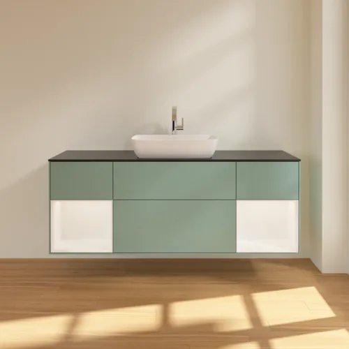 Bild von VILLEROY BOCH Finion Waschbeckenunterschrank, mit Beleuchtung, 4 Auszüge, 1600 x 603 x 501 mm, Olive Matt Lacquer / White Matt Lacquer / Glass Black Matt #F862MTGM