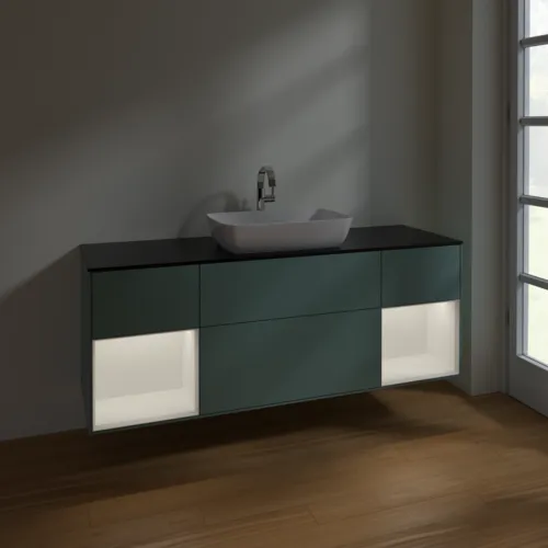 Bild von VILLEROY BOCH Finion Waschbeckenunterschrank, mit Beleuchtung, 4 Auszüge, 1600 x 603 x 501 mm, Olive Matt Lacquer / White Matt Lacquer / Glass Black Matt #F862MTGM