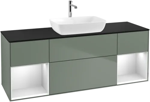 Picture of VILLEROY BOCH Finion Vanity unit, with lighting, 4 pull-out compartments, 1600 x 603 x 501 mm, Olive Matt Lacquer / White Matt Lacquer / Glass Black Matt #F862MTGM