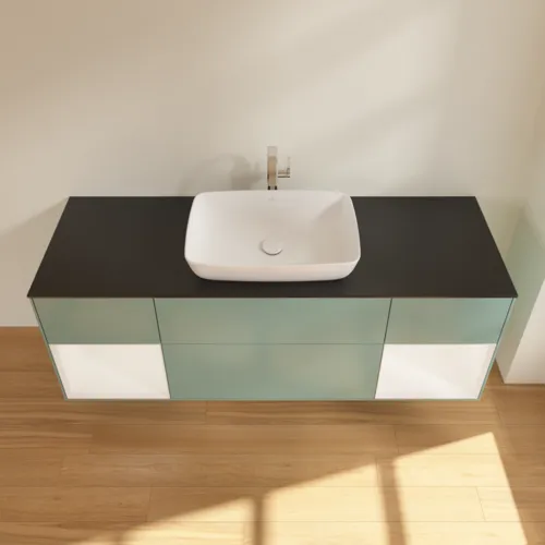 Bild von VILLEROY BOCH Finion Waschbeckenunterschrank, mit Beleuchtung, 4 Auszüge, 1600 x 603 x 501 mm, Olive Matt Lacquer / White Matt Lacquer / Glass Black Matt #F862MTGM