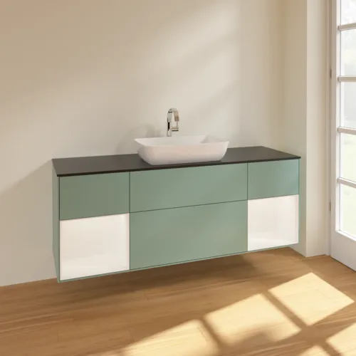Bild von VILLEROY BOCH Finion Waschbeckenunterschrank, mit Beleuchtung, 4 Auszüge, 1600 x 603 x 501 mm, Olive Matt Lacquer / White Matt Lacquer / Glass Black Matt #F862MTGM