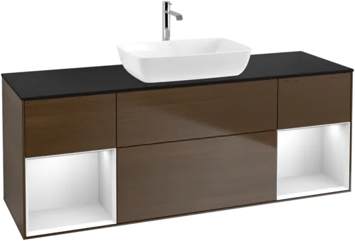 Picture of VILLEROY BOCH Finion Vanity unit, with lighting, 4 pull-out compartments, 1600 x 603 x 501 mm, Walnut Veneer / White Matt Lacquer / Glass Black Matt #F862MTGN