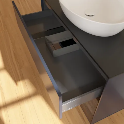 Bild von VILLEROY BOCH Finion Waschbeckenunterschrank, mit Beleuchtung, 2 Auszüge, 1000 x 603 x 501 mm, Midnight Blue Matt Lacquer / Walnut Veneer / Glass Black Matt #F902GNHG
