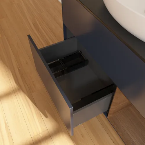 Bild von VILLEROY BOCH Finion Waschbeckenunterschrank, mit Beleuchtung, 2 Auszüge, 1000 x 603 x 501 mm, Midnight Blue Matt Lacquer / Walnut Veneer / Glass Black Matt #F902GNHG