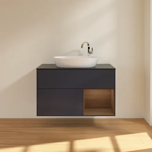 Bild von VILLEROY BOCH Finion Waschbeckenunterschrank, mit Beleuchtung, 2 Auszüge, 1000 x 603 x 501 mm, Midnight Blue Matt Lacquer / Walnut Veneer / Glass Black Matt #F902GNHG