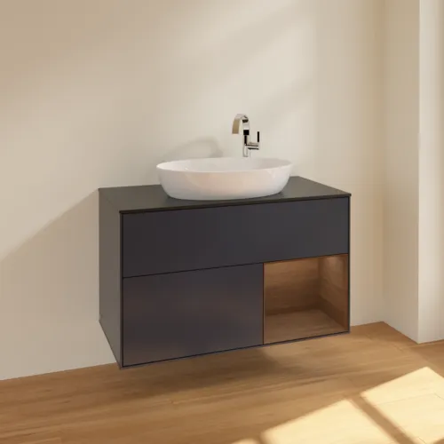 Bild von VILLEROY BOCH Finion Waschbeckenunterschrank, mit Beleuchtung, 2 Auszüge, 1000 x 603 x 501 mm, Midnight Blue Matt Lacquer / Walnut Veneer / Glass Black Matt #F902GNHG