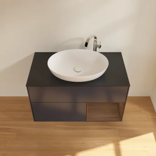 Bild von VILLEROY BOCH Finion Waschbeckenunterschrank, mit Beleuchtung, 2 Auszüge, 1000 x 603 x 501 mm, Midnight Blue Matt Lacquer / Walnut Veneer / Glass Black Matt #F902GNHG