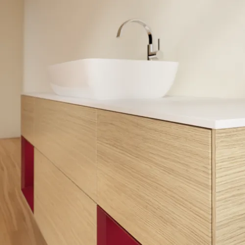 Bild von VILLEROY BOCH Finion Waschbeckenunterschrank, mit Beleuchtung, 4 Auszüge, 1600 x 603 x 501 mm, Oak Veneer / Peony Matt Lacquer / Glass White Matt #F861HBPC