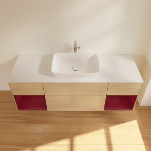 Bild von VILLEROY BOCH Finion Waschbeckenunterschrank, mit Beleuchtung, 4 Auszüge, 1600 x 603 x 501 mm, Oak Veneer / Peony Matt Lacquer / Glass White Matt #F861HBPC