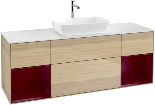 Picture of VILLEROY BOCH Finion Vanity unit, with lighting, 4 pull-out compartments, 1600 x 603 x 501 mm, Oak Veneer / Peony Matt Lacquer / Glass White Matt #F861HBPC