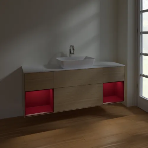 Bild von VILLEROY BOCH Finion Waschbeckenunterschrank, mit Beleuchtung, 4 Auszüge, 1600 x 603 x 501 mm, Oak Veneer / Peony Matt Lacquer / Glass White Matt #F861HBPC