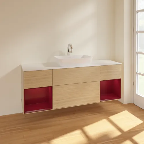 Bild von VILLEROY BOCH Finion Waschbeckenunterschrank, mit Beleuchtung, 4 Auszüge, 1600 x 603 x 501 mm, Oak Veneer / Peony Matt Lacquer / Glass White Matt #F861HBPC