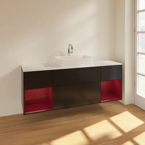 Bild von VILLEROY BOCH Finion Waschbeckenunterschrank, mit Beleuchtung, 4 Auszüge, 1600 x 603 x 501 mm, Black Matt Lacquer / Peony Matt Lacquer / Glass White Matt #F861HBPD