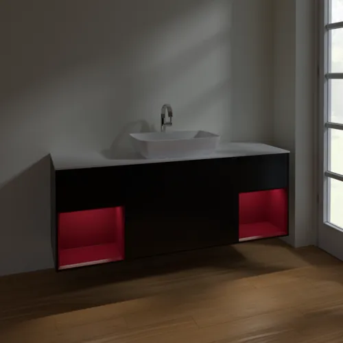 Bild von VILLEROY BOCH Finion Waschbeckenunterschrank, mit Beleuchtung, 4 Auszüge, 1600 x 603 x 501 mm, Black Matt Lacquer / Peony Matt Lacquer / Glass White Matt #F861HBPD