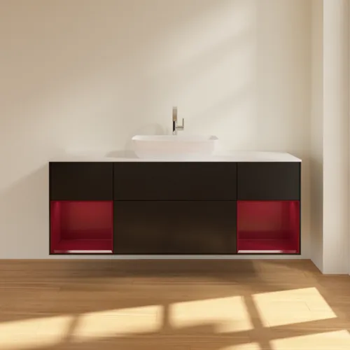 Bild von VILLEROY BOCH Finion Waschbeckenunterschrank, mit Beleuchtung, 4 Auszüge, 1600 x 603 x 501 mm, Black Matt Lacquer / Peony Matt Lacquer / Glass White Matt #F861HBPD
