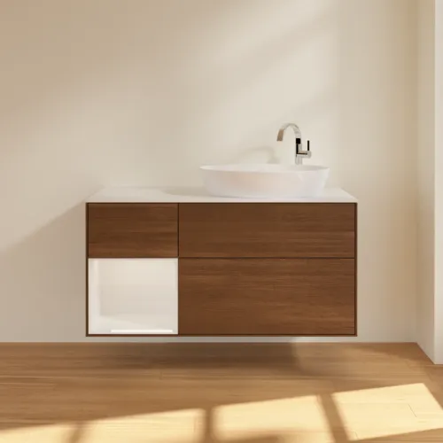 Bild von VILLEROY BOCH Finion Waschbeckenunterschrank, mit Beleuchtung, 3 Auszüge, 1200 x 603 x 501 mm, Walnut Veneer / Glossy White Lacquer / Glass White Matt #F921GFGN