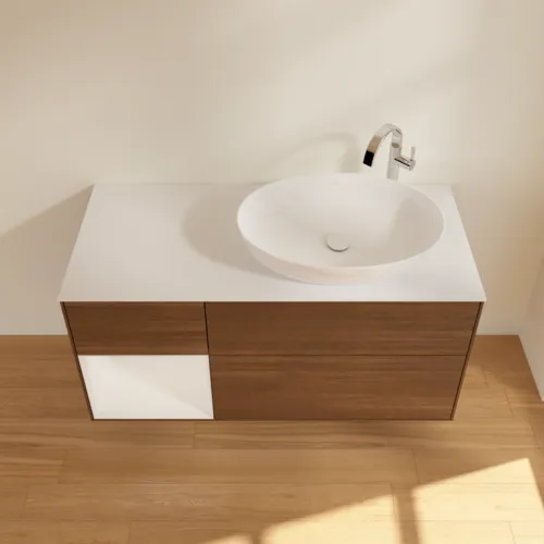 Bild von VILLEROY BOCH Finion Waschbeckenunterschrank, mit Beleuchtung, 3 Auszüge, 1200 x 603 x 501 mm, Walnut Veneer / Glossy White Lacquer / Glass White Matt #F921GFGN