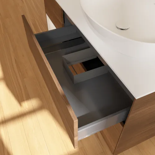 Bild von VILLEROY BOCH Finion Waschbeckenunterschrank, mit Beleuchtung, 3 Auszüge, 1200 x 603 x 501 mm, Walnut Veneer / Glossy White Lacquer / Glass White Matt #F921GFGN