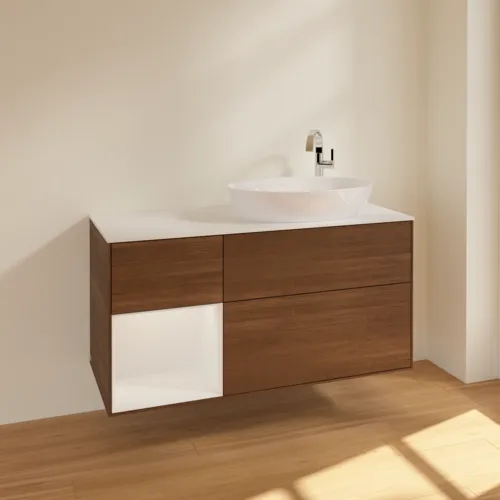 Bild von VILLEROY BOCH Finion Waschbeckenunterschrank, mit Beleuchtung, 3 Auszüge, 1200 x 603 x 501 mm, Walnut Veneer / Glossy White Lacquer / Glass White Matt #F921GFGN