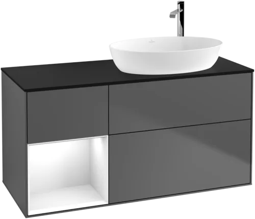 VILLEROY BOCH Finion Vanity unit, with lighting, 3 pull-out compartments, 1200 x 603 x 501 mm, Anthracite Matt Lacquer / Glossy White Lacquer / Glass Black Matt #F922GFGK resmi