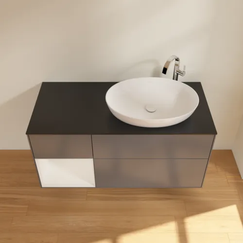 Bild von VILLEROY BOCH Finion Waschbeckenunterschrank, mit Beleuchtung, 3 Auszüge, 1200 x 603 x 501 mm, Anthracite Matt Lacquer / Glossy White Lacquer / Glass Black Matt #F922GFGK