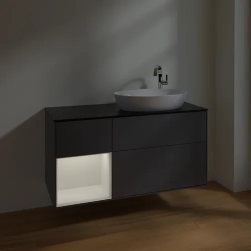 Bild von VILLEROY BOCH Finion Waschbeckenunterschrank, mit Beleuchtung, 3 Auszüge, 1200 x 603 x 501 mm, Anthracite Matt Lacquer / Glossy White Lacquer / Glass Black Matt #F922GFGK